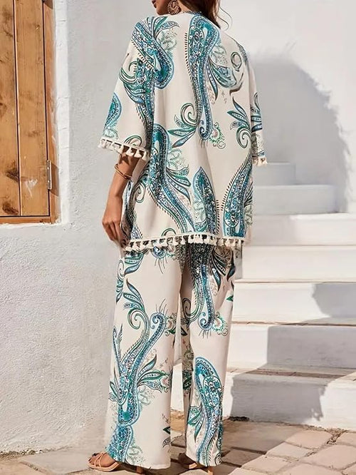 Women Summer Travel Co-Ord Set Short Sleeve Shirt & Wide-Leg Pant