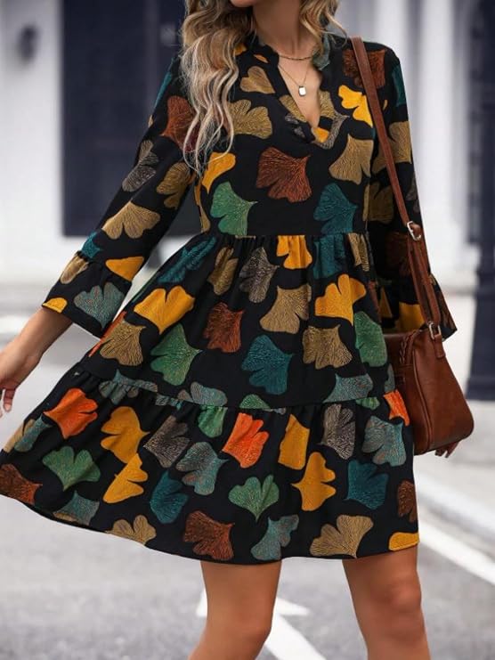 Women’s Floral Printed V-Neck Long Sleeve Fit & Flare Mini Dress – Casual Western One Piece Dress