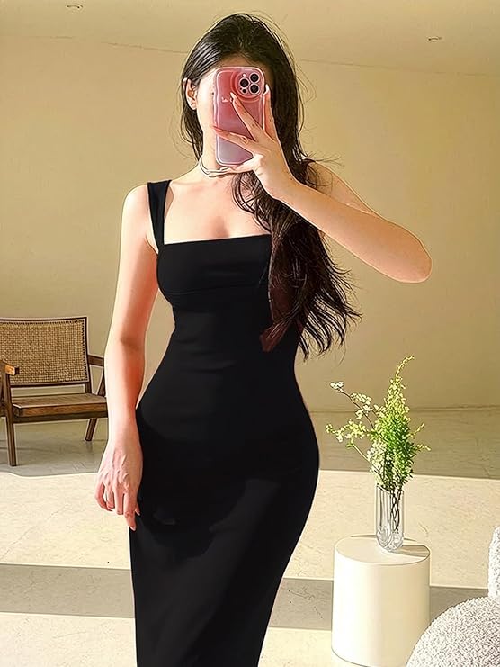 Solid Bodycon Square Neck Long Party Dress for Women's & Girl's