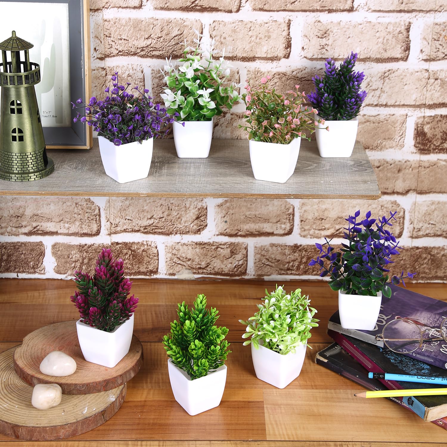 Artificial Plants with Pot Durable Plastic | No Maintenance | Dimensions: 5 cm X 13 cm (Pack of 8)