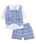 Boys Regular Fit Full Sleeves Collar Neck Cotton Shirt Waistcoat Short Set With Applique Bow