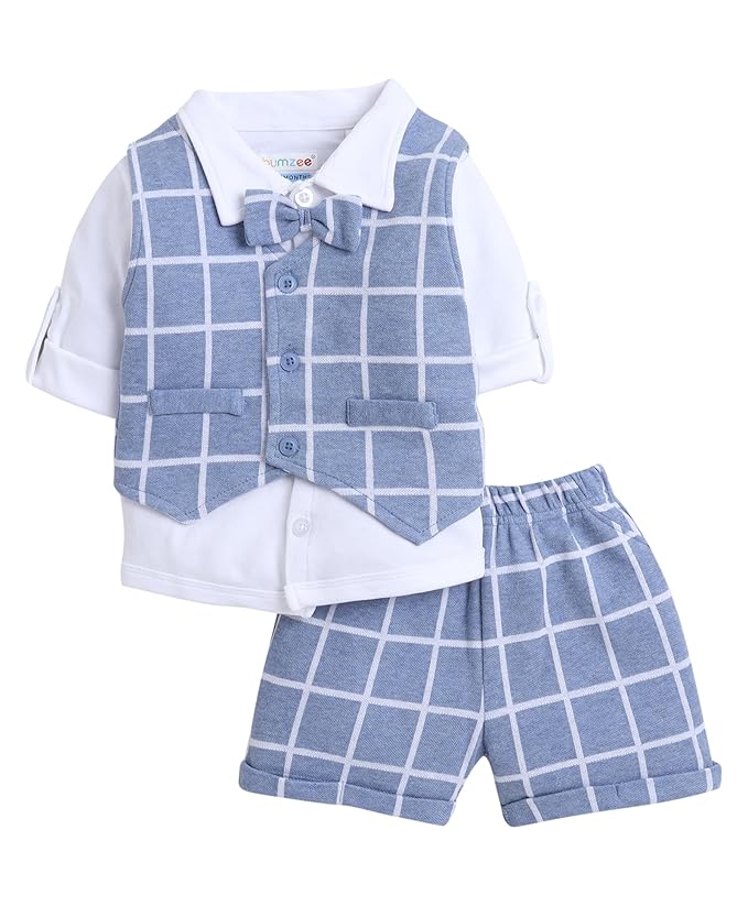 Boys Regular Fit Full Sleeves Collar Neck Cotton Shirt Waistcoat Short Set With Applique Bow