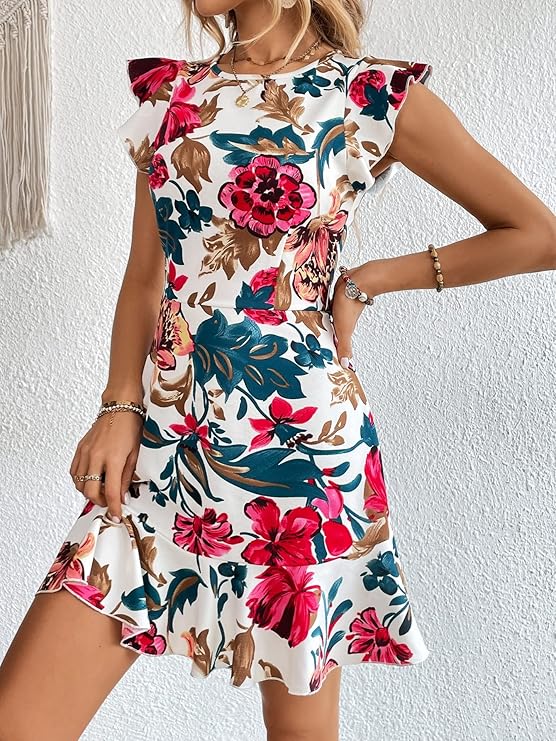 Women's Floral Print Cap Sleeve Ruffle Trim Short Dress Summer