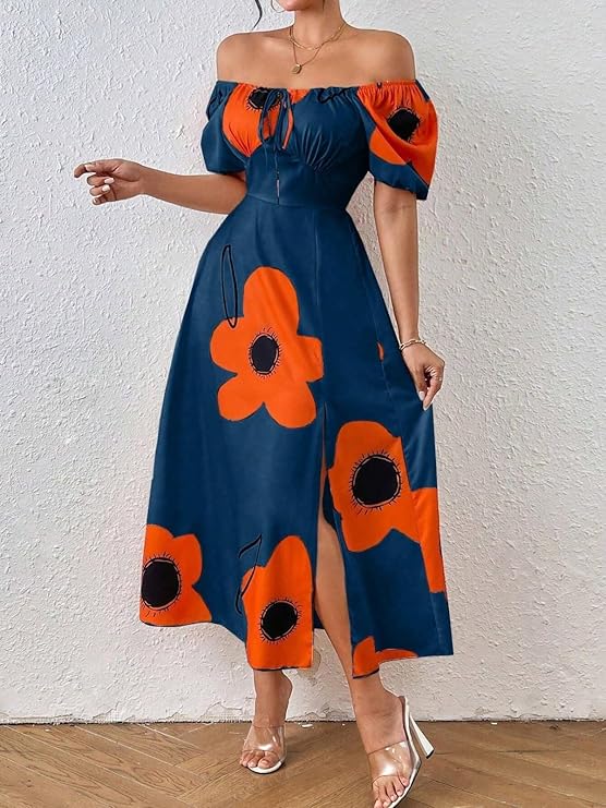 Women's Puff Sleeve Floral Printed A Line Dress