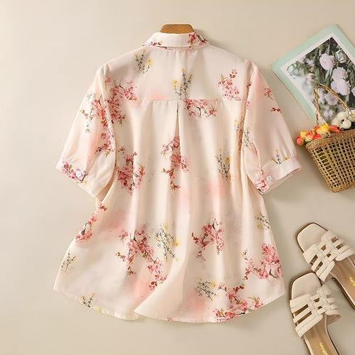 Women's Pink Floral Printed Button Down Western Shirt with Collared Neck and Half Sleeves in Relaxed Fit Style