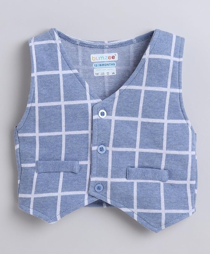 Boys Regular Fit Full Sleeves Collar Neck Cotton Shirt Waistcoat Short Set With Applique Bow