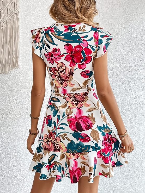 Women's Floral Print Cap Sleeve Ruffle Trim Short Dress Summer