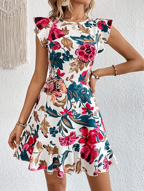 Women's Floral Print Cap Sleeve Ruffle Trim Short Dress Summer