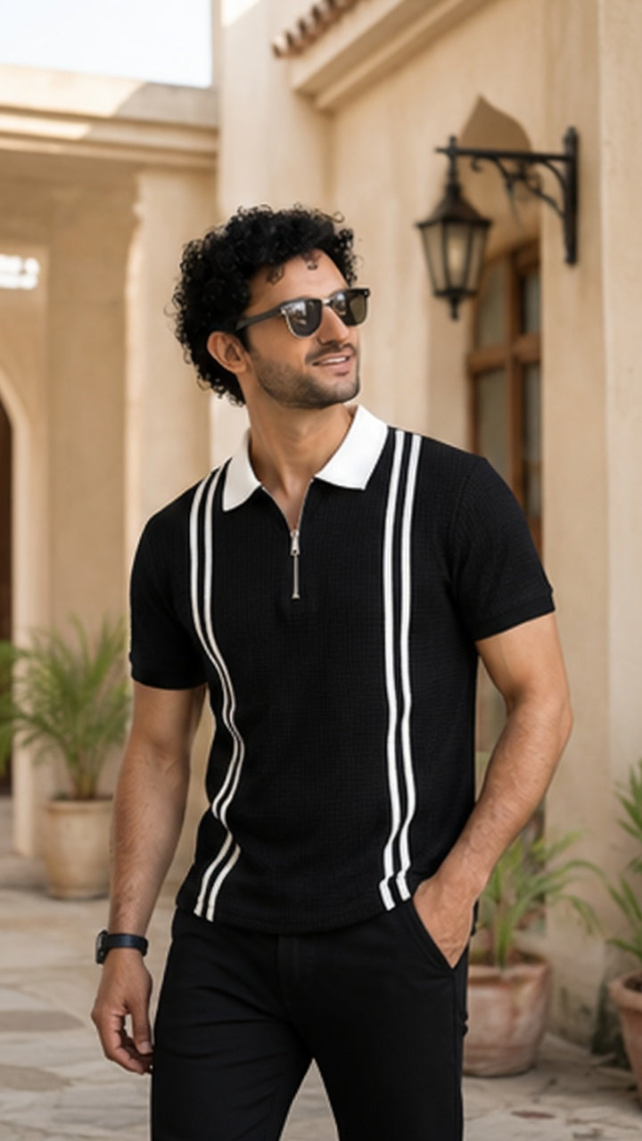 Men's Textured Vertical Striped Knit Polo T-Shirt