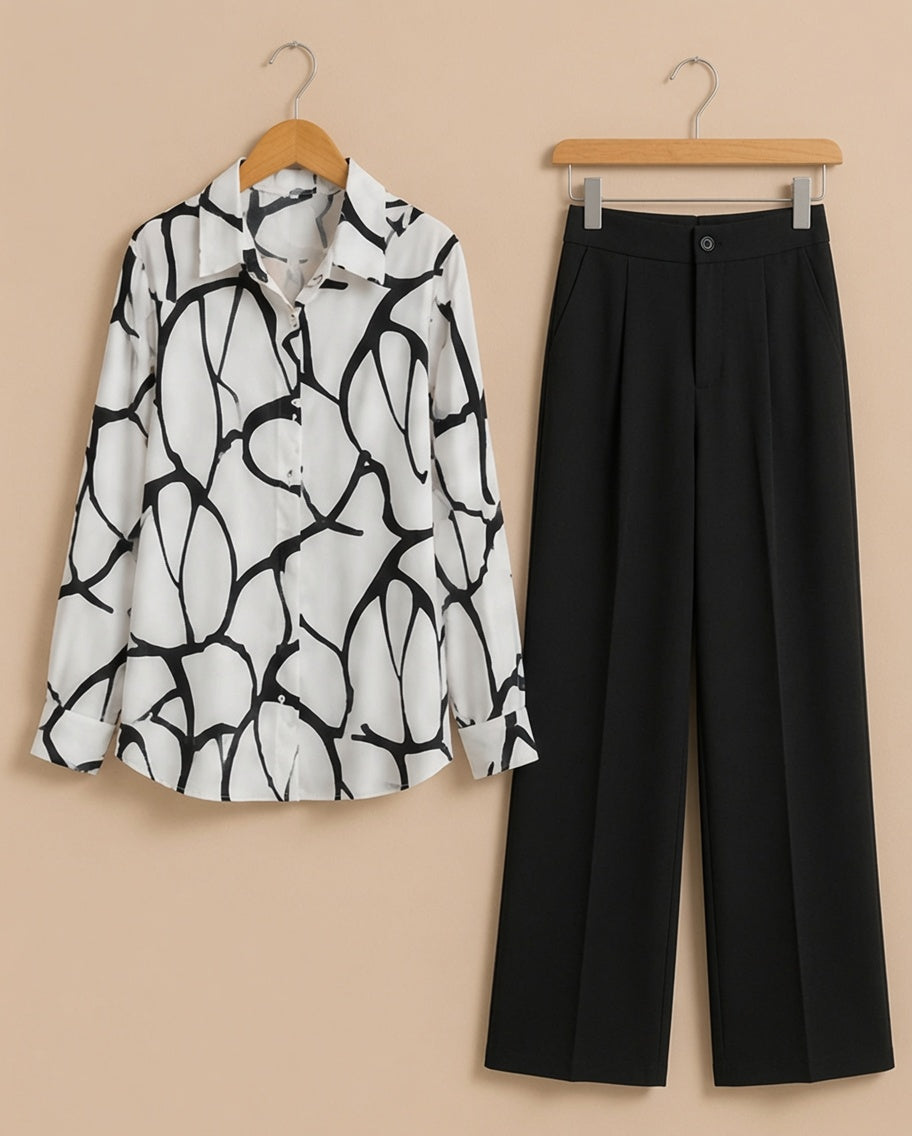 Women Fashion Black-And-White Striped Print Long-Sleeved Shirt And Pants Two-Piece Set