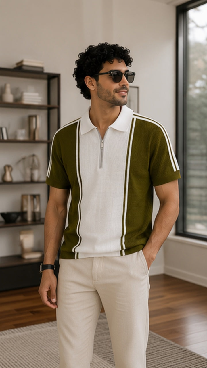 Men's Textured Vertical Striped Knit Polo T-Shirt