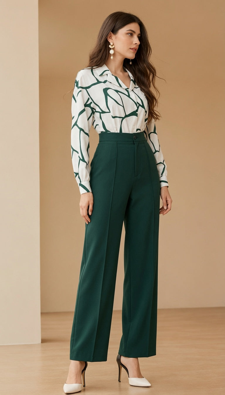 Women Fashion Green & White Striped Print Long-Sleeved Shirt And Pants Two-Piece Set