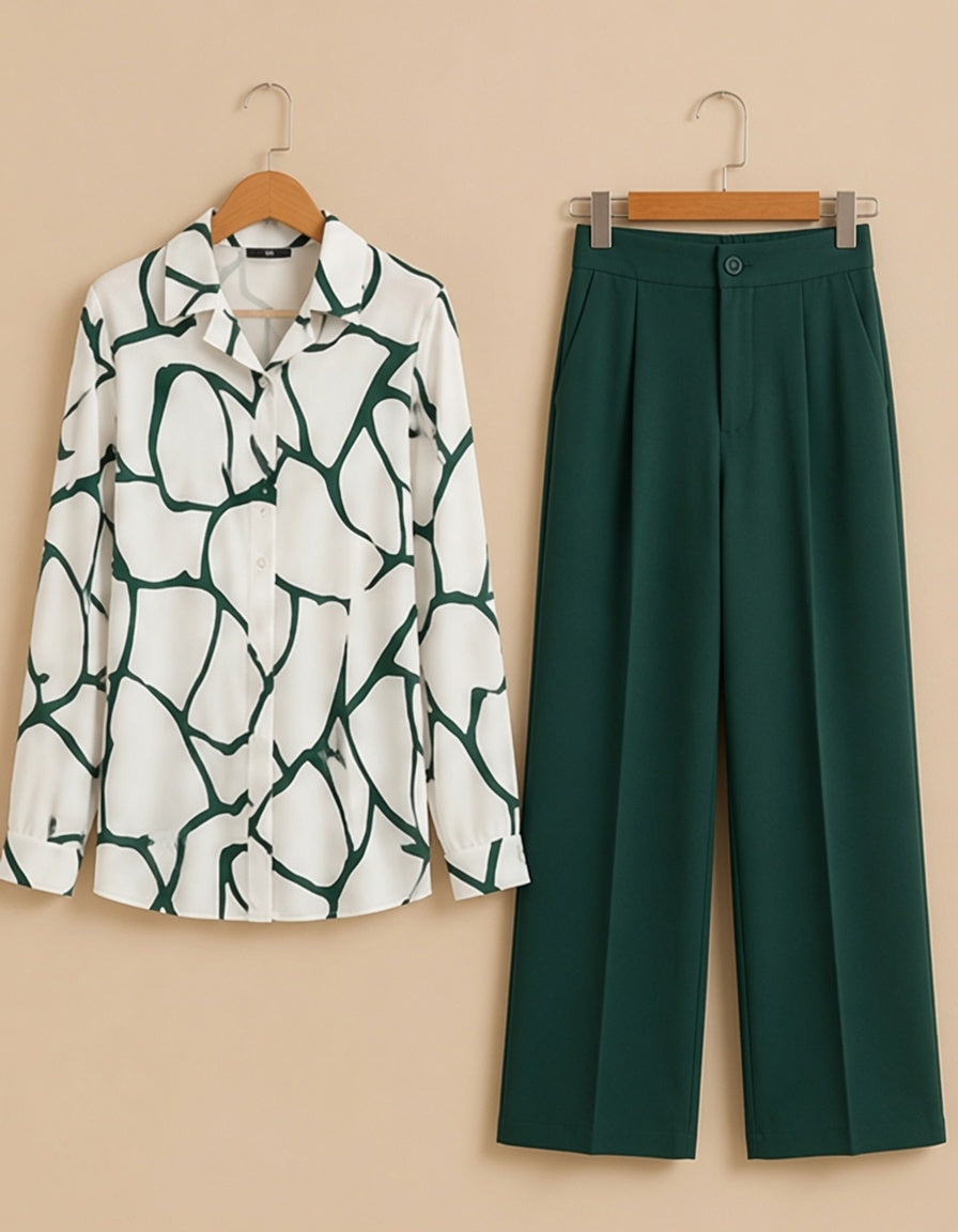 Women Fashion Green & White Striped Print Long-Sleeved Shirt And Pants Two-Piece Set