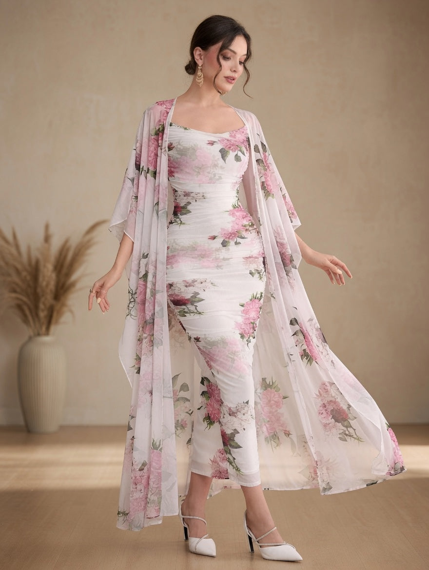 Women's Blush Bloom Floral Midi Dress & Sheer Kimono Set