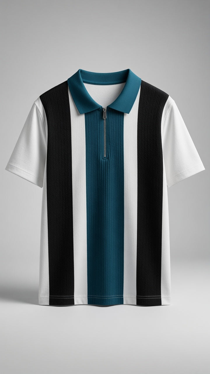 Men's Textured Vertical Striped Knit Polo T-Shirt