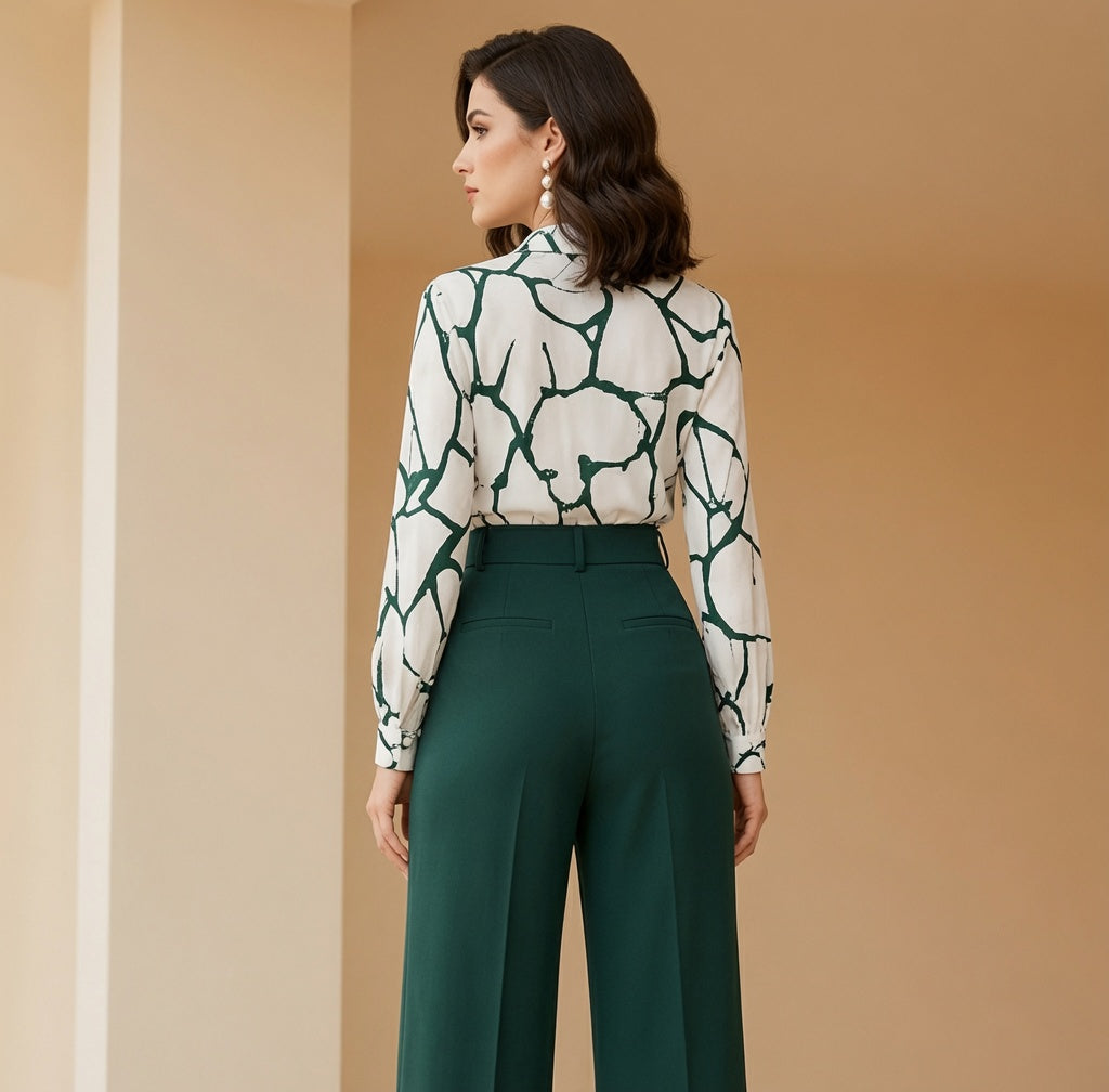 Women Fashion Green & White Striped Print Long-Sleeved Shirt And Pants Two-Piece Set