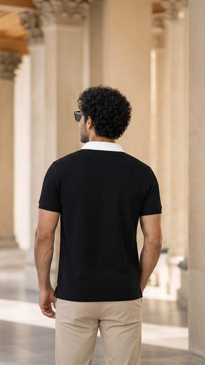 Men's Textured Vertical Striped Knit Polo T-Shirt
