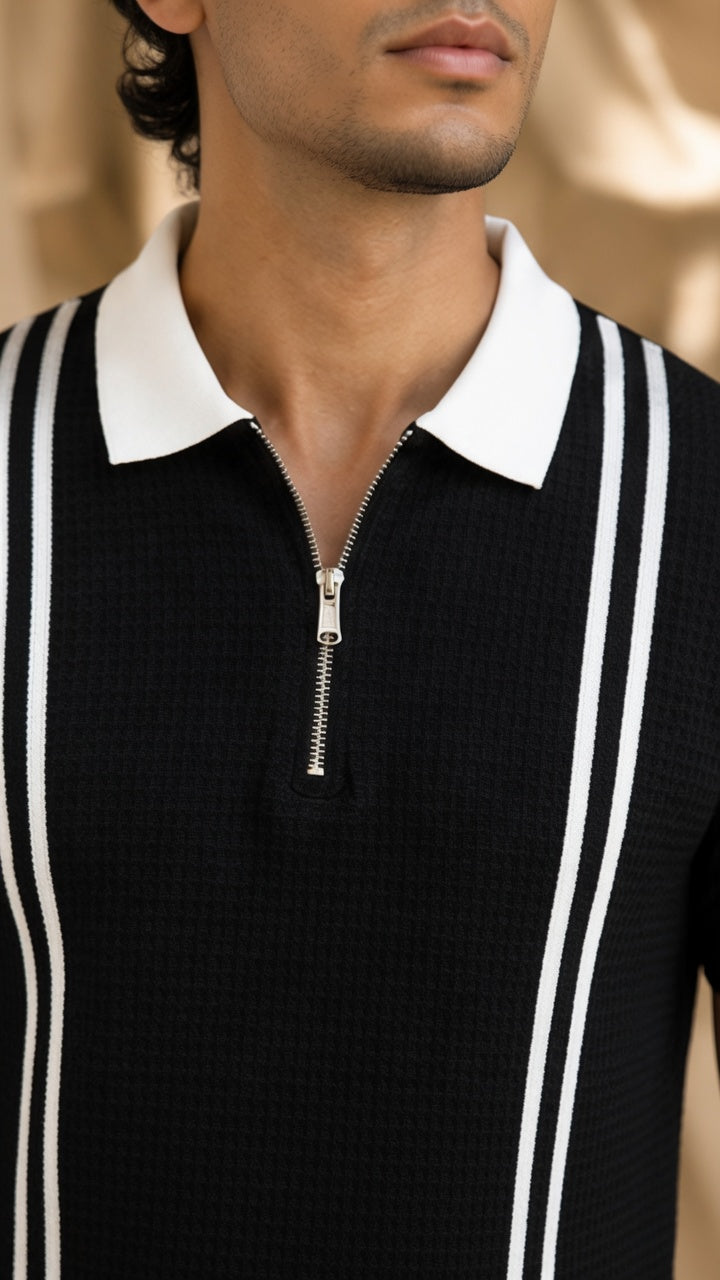 Men's Textured Vertical Striped Knit Polo T-Shirt