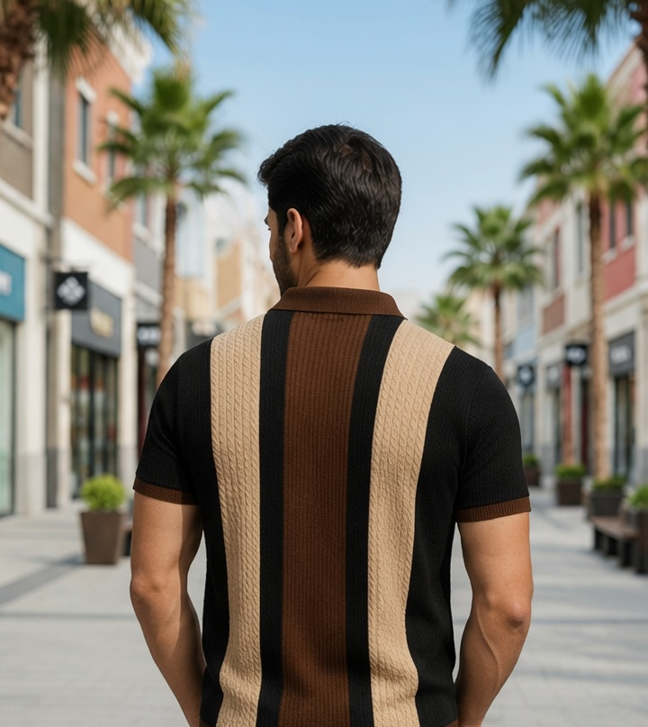 Men's Textured Vertical Striped Knit Polo T-Shirt