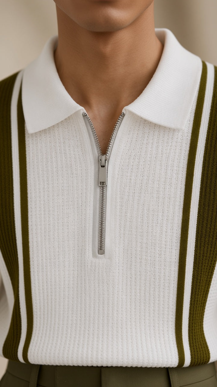 Men's Textured Vertical Striped Knit Polo T-Shirt