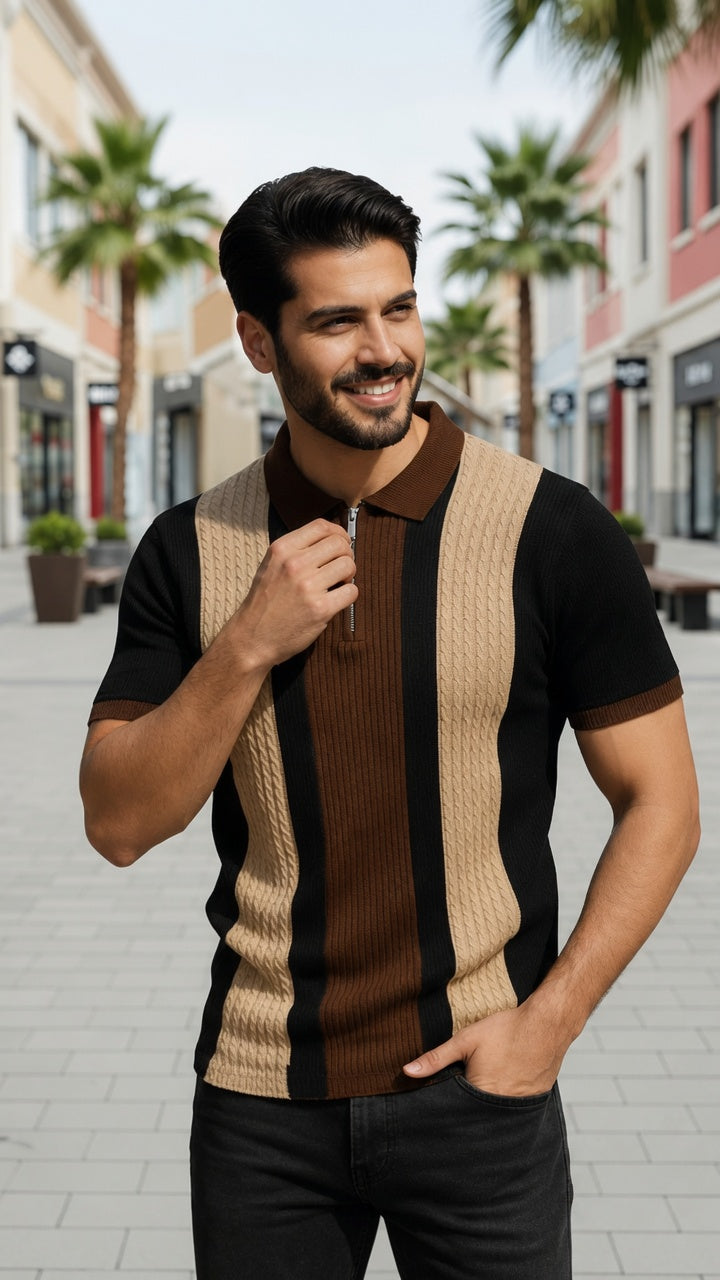 Men's Textured Vertical Striped Knit Polo T-Shirt