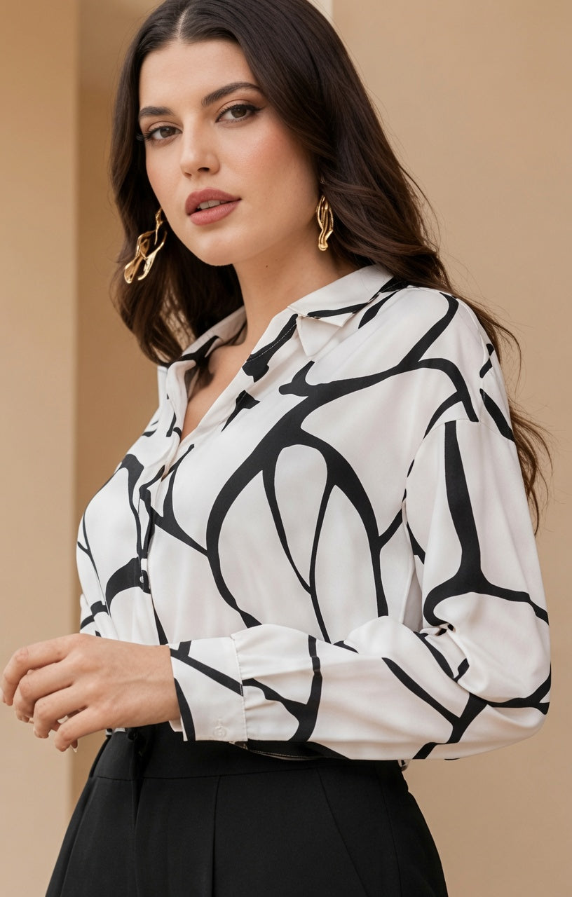 Women Fashion Black-And-White Striped Print Long-Sleeved Shirt And Pants Two-Piece Set