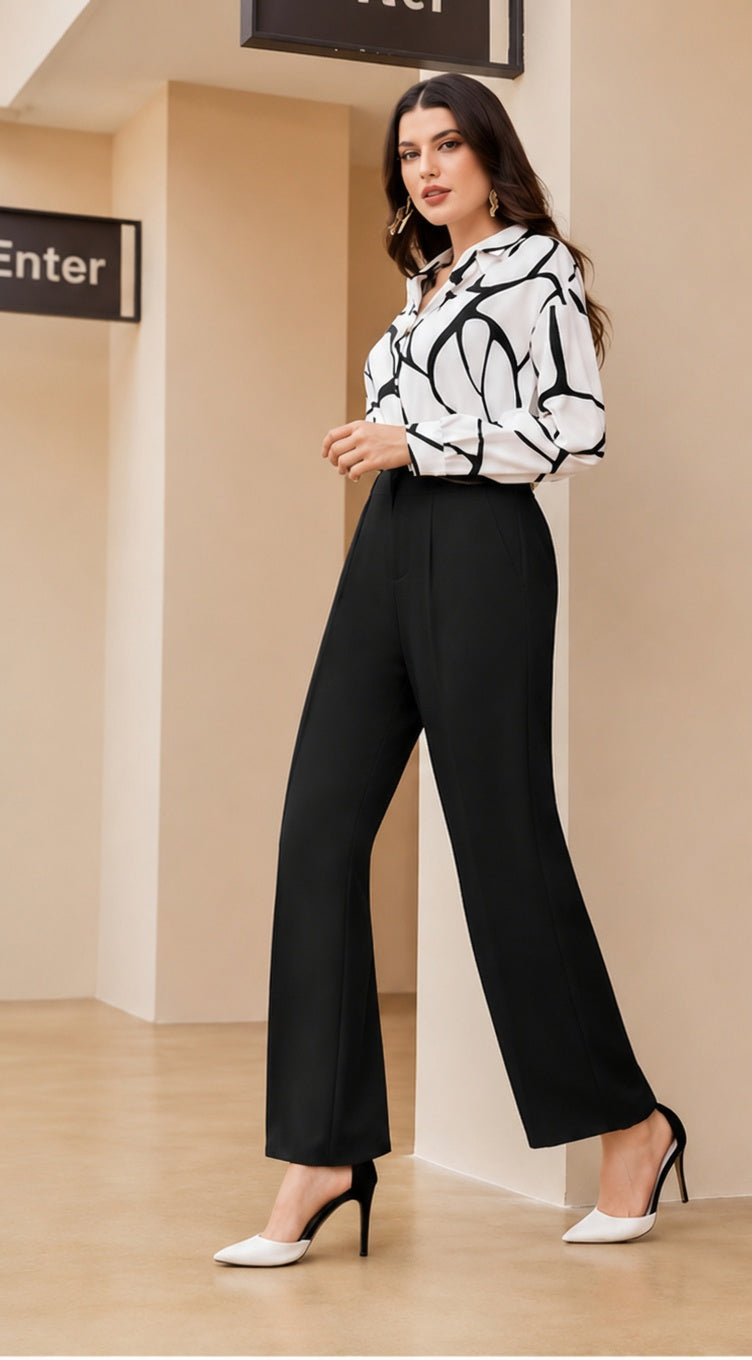 Women Fashion Black-And-White Striped Print Long-Sleeved Shirt And Pants Two-Piece Set