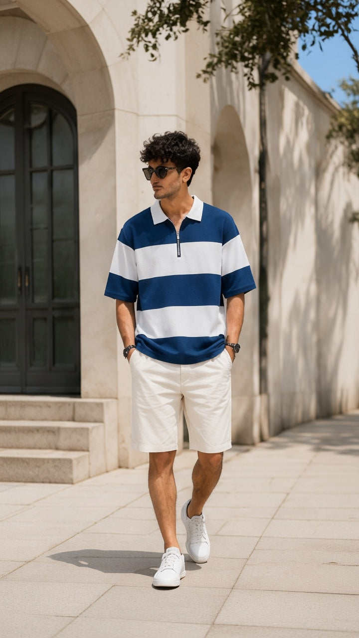 Men's Textured Striped Knit Polo T-Shirt