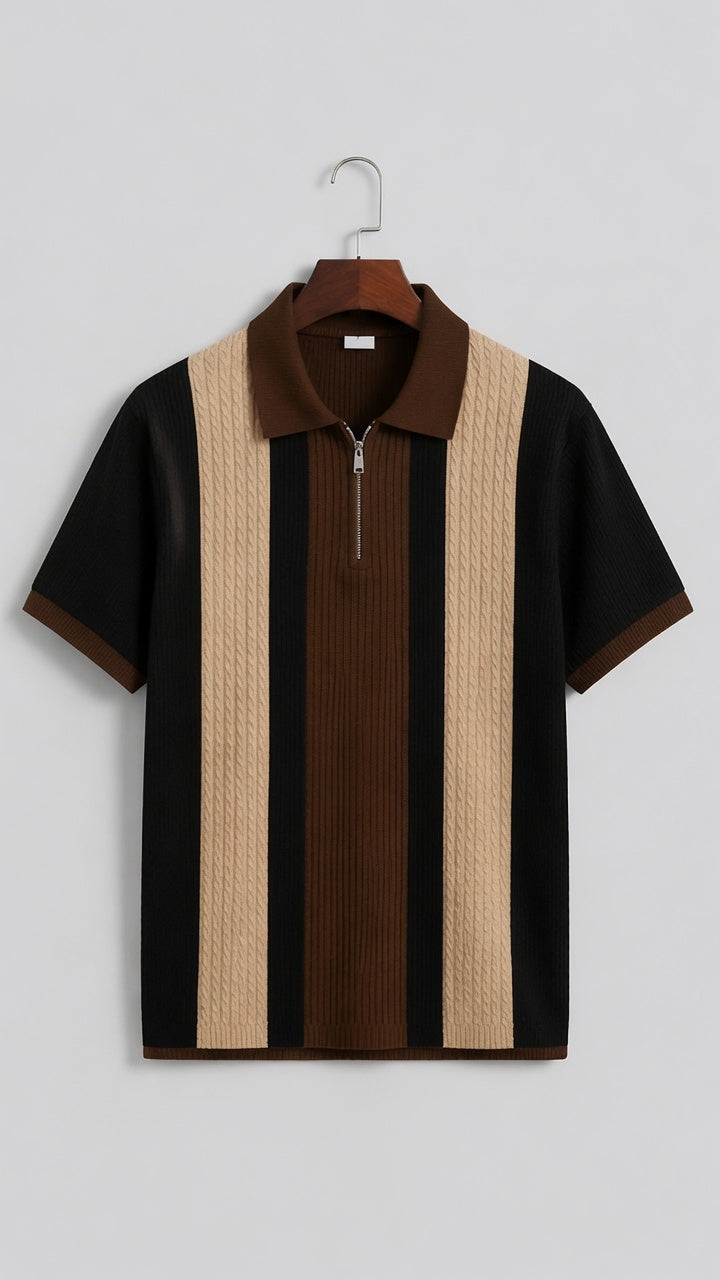 Men's Textured Vertical Striped Knit Polo T-Shirt