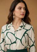Women Fashion Green & White Striped Print Long-Sleeved Shirt And Pants Two-Piece Set