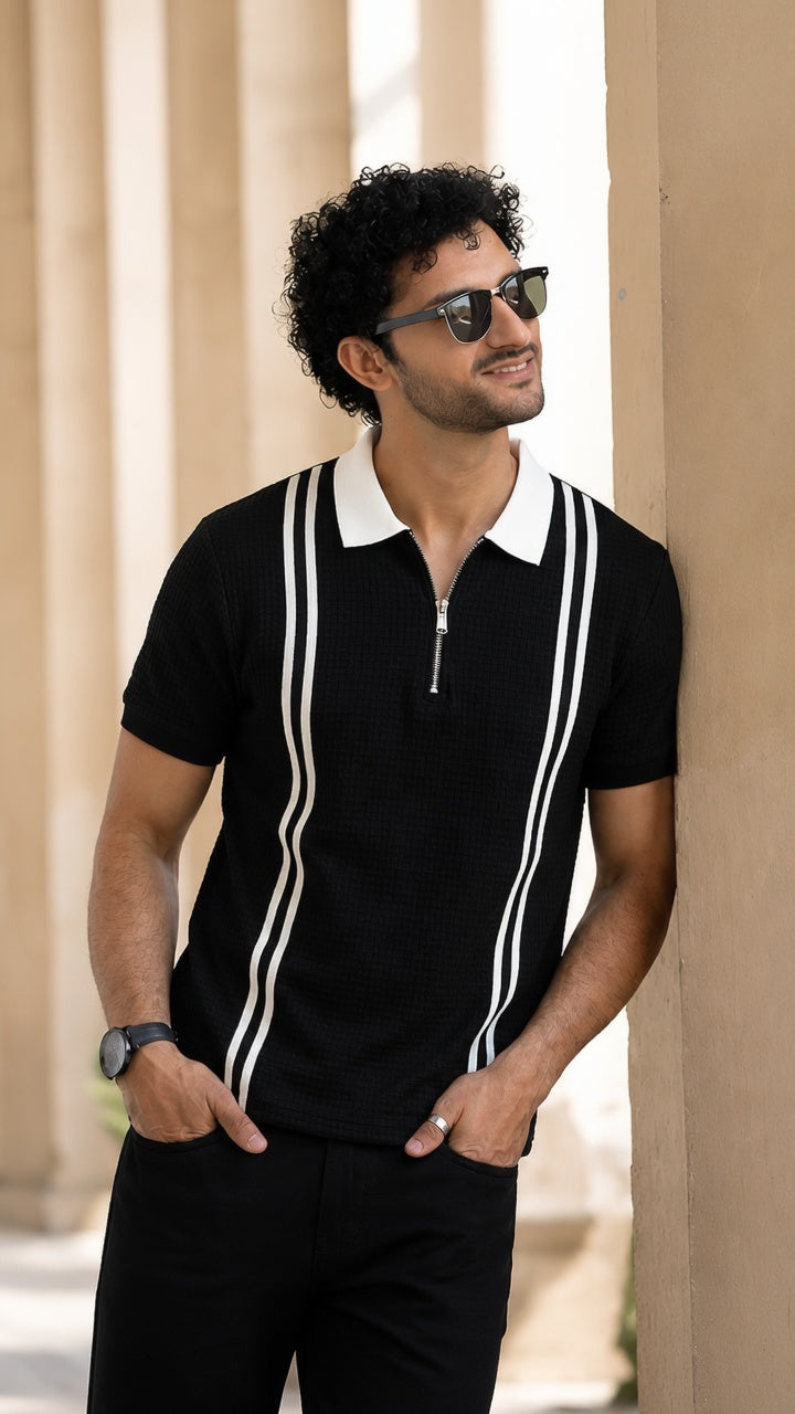 Men's Textured Vertical Striped Knit Polo T-Shirt