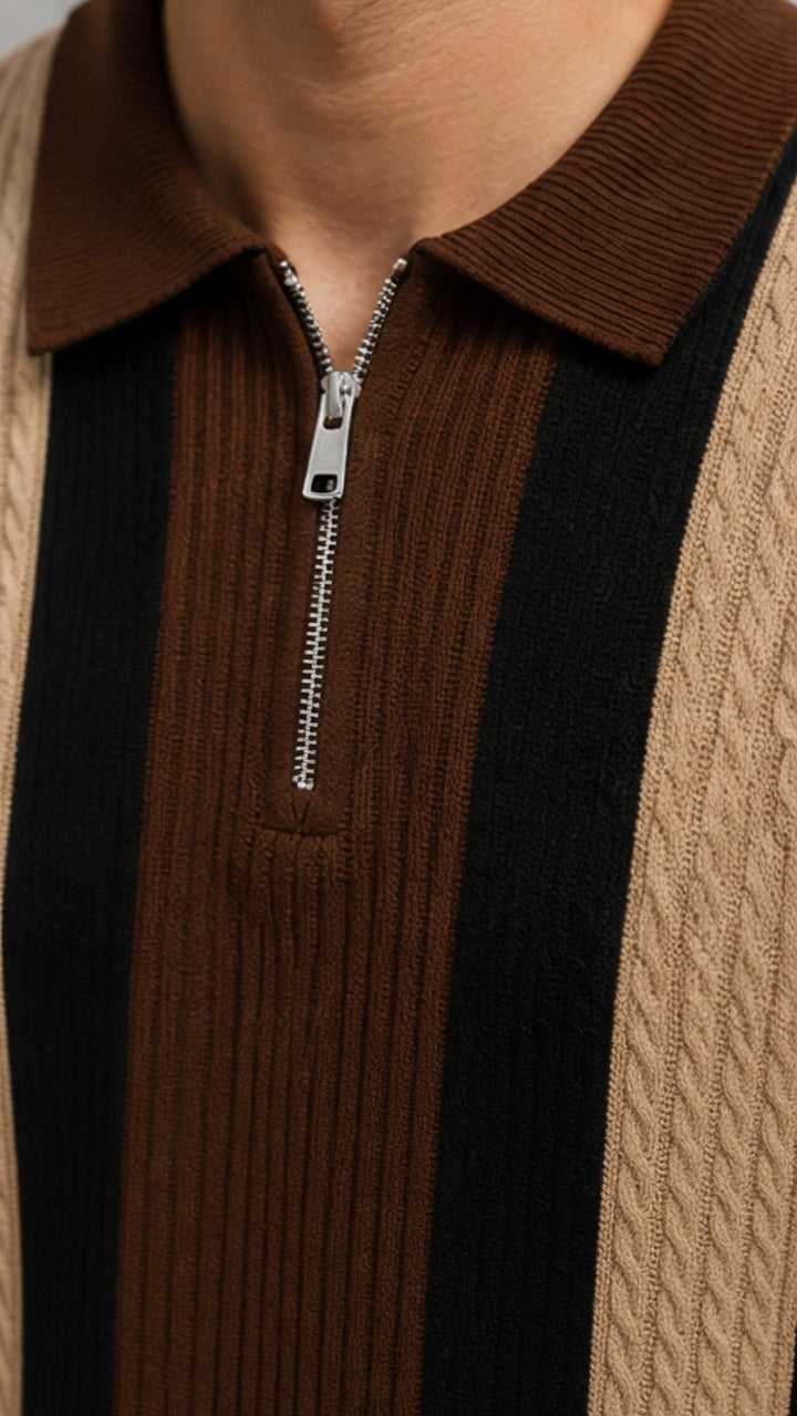 Men's Textured Vertical Striped Knit Polo T-Shirt