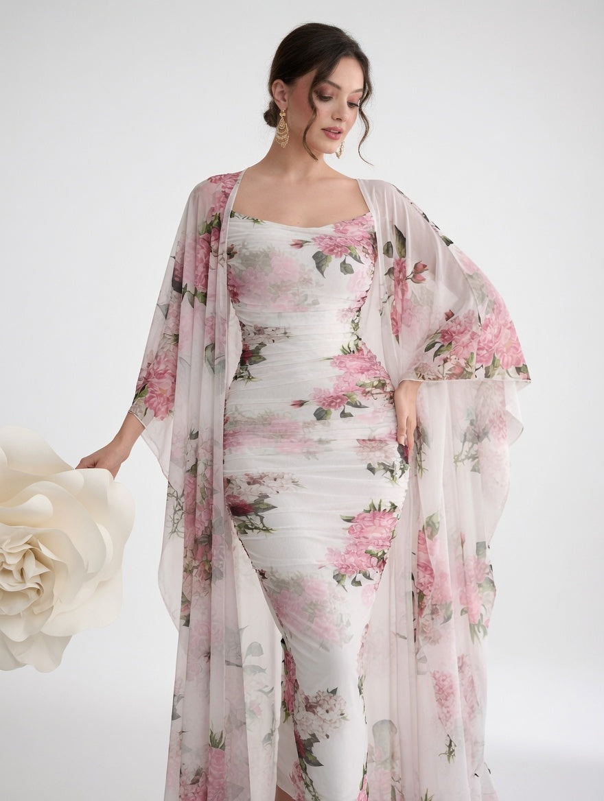 Women's Blush Bloom Floral Midi Dress & Sheer Kimono Set