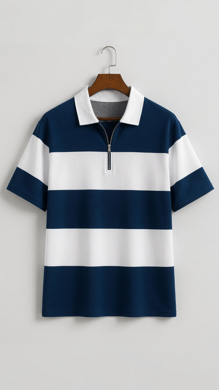Men's Textured Striped Knit Polo T-Shirt