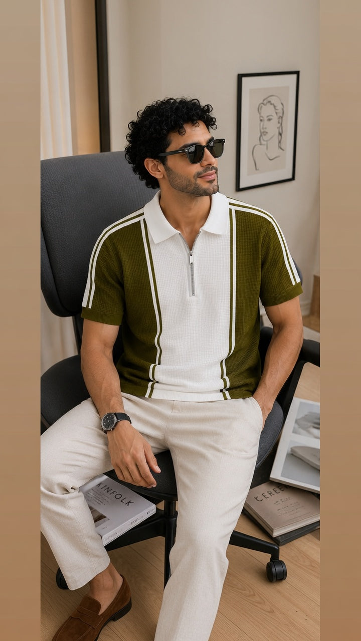 Men's Textured Vertical Striped Knit Polo T-Shirt