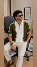 Men's Textured Vertical Striped Knit Polo T-Shirt