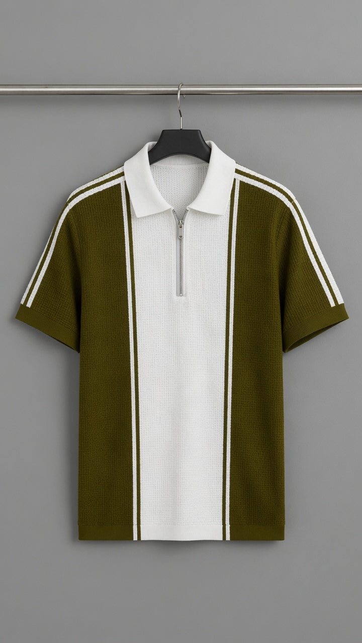 Men's Textured Vertical Striped Knit Polo T-Shirt