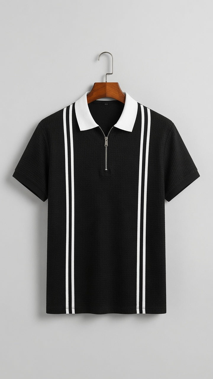 Men's Textured Vertical Striped Knit Polo T-Shirt