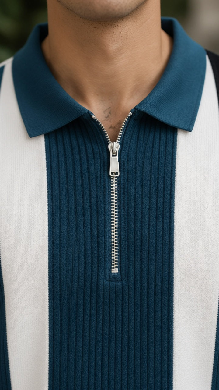 Men's Textured Vertical Striped Knit Polo T-Shirt
