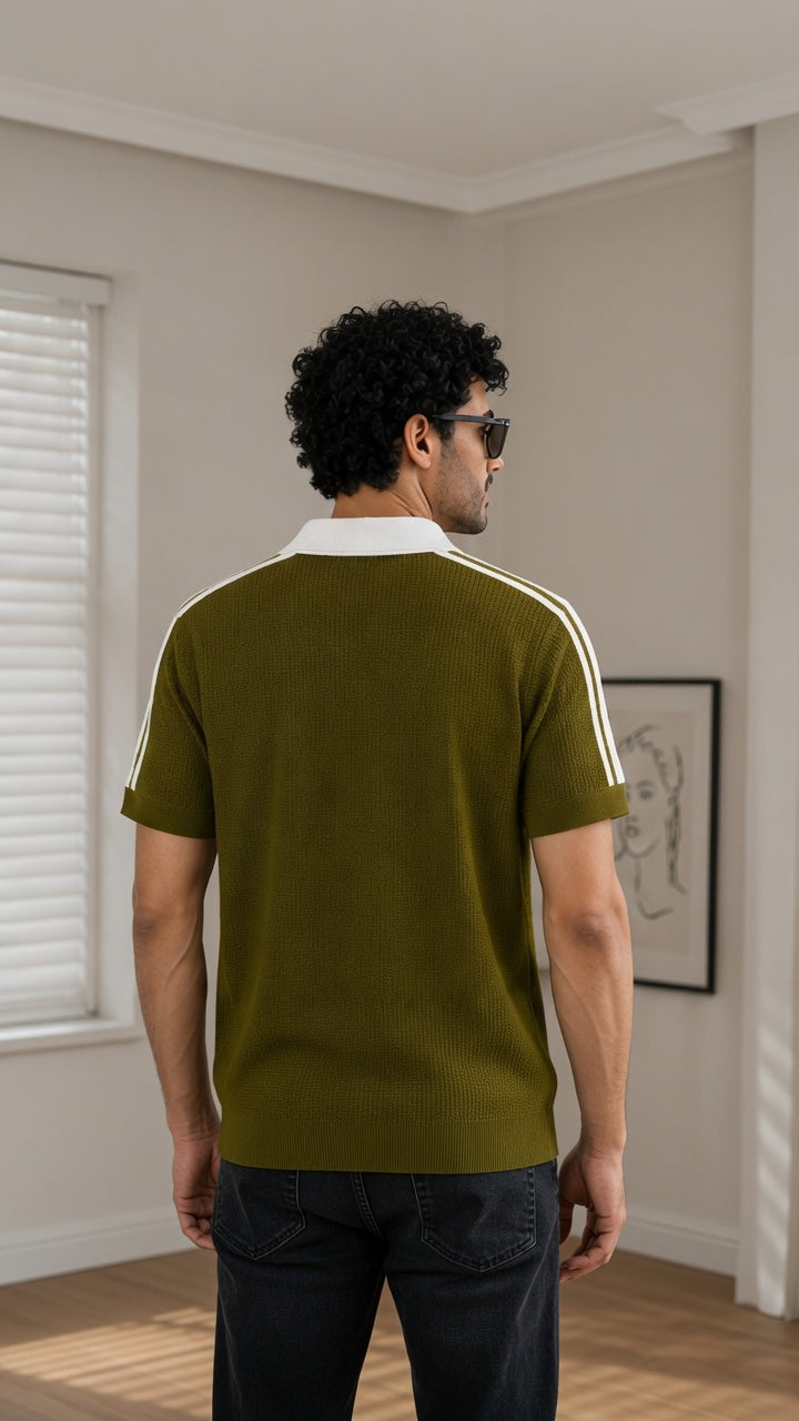 Men's Textured Vertical Striped Knit Polo T-Shirt