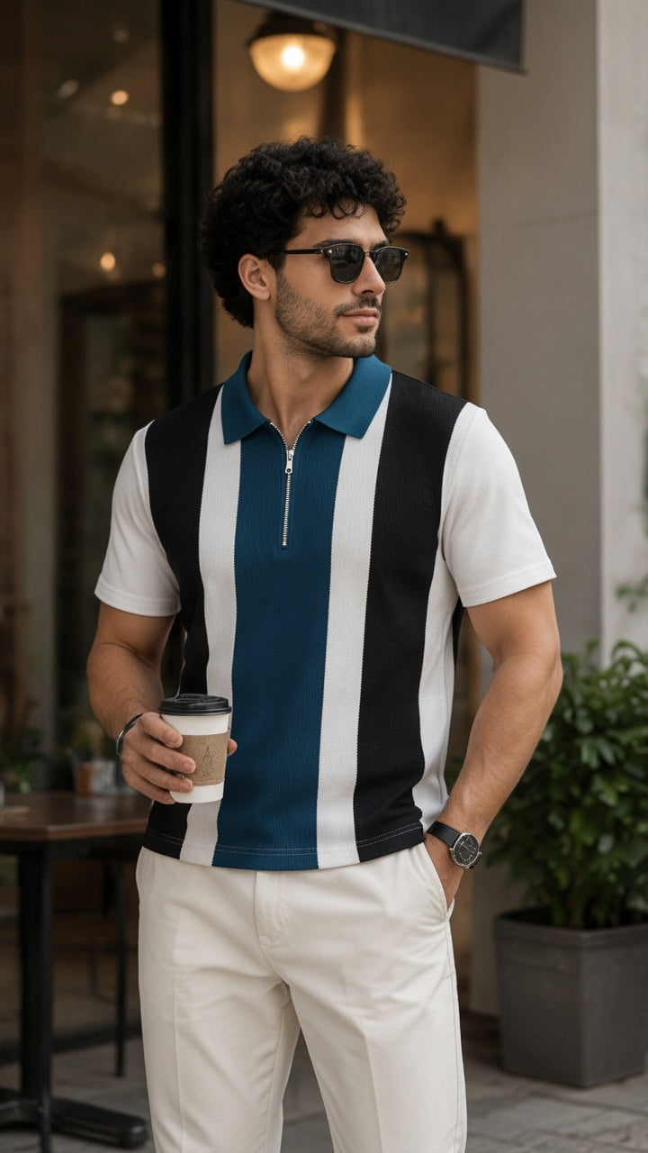 Men's Textured Vertical Striped Knit Polo T-Shirt