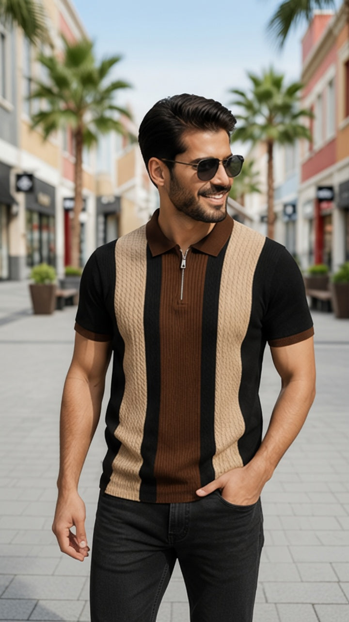Men's Textured Vertical Striped Knit Polo T-Shirt