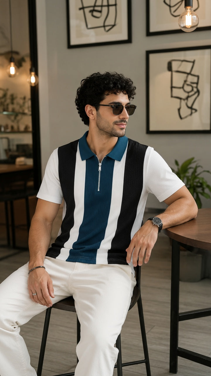 Men's Textured Vertical Striped Knit Polo T-Shirt