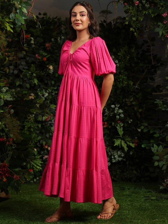 Women Checked Cotton Fit & Flare Maxi Dresses
