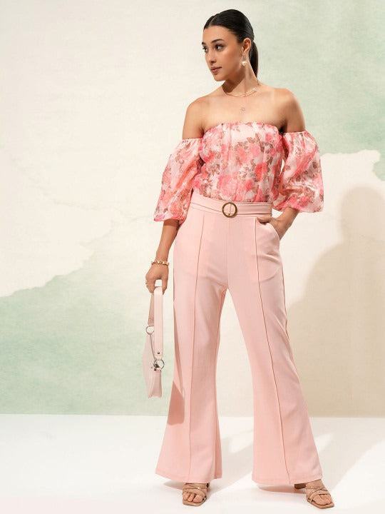 Peach-Coloured Off-Shoulder Printed Basic Jumpsuit