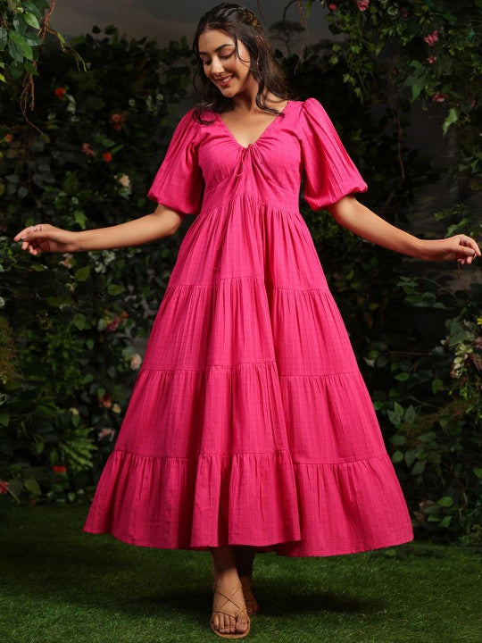 Women Checked Cotton Fit & Flare Maxi Dresses