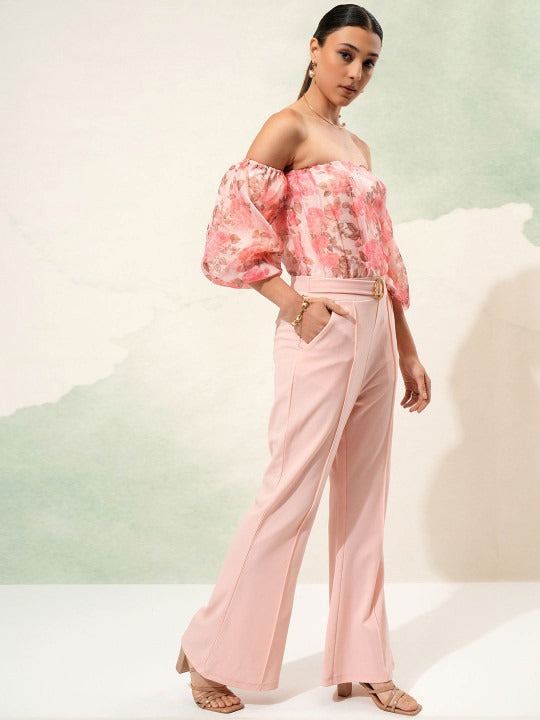 Peach-Coloured Off-Shoulder Printed Basic Jumpsuit