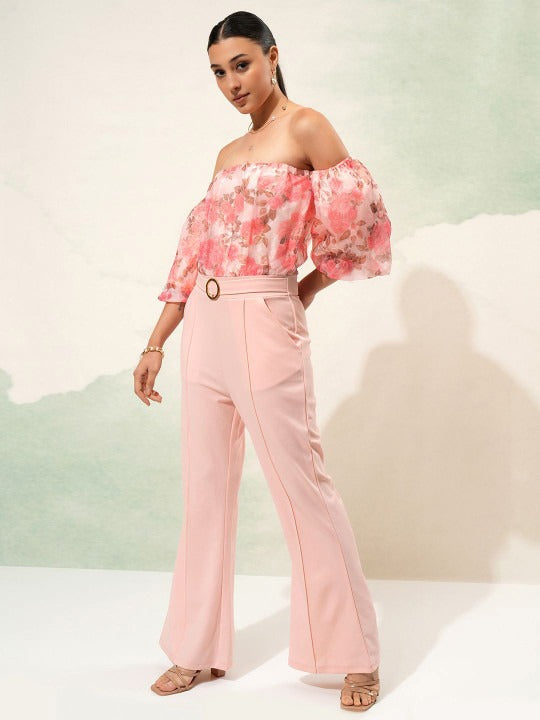 Peach-Coloured Off-Shoulder Printed Basic Jumpsuit