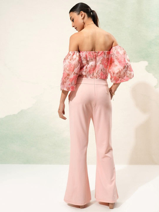Peach-Coloured Off-Shoulder Printed Basic Jumpsuit