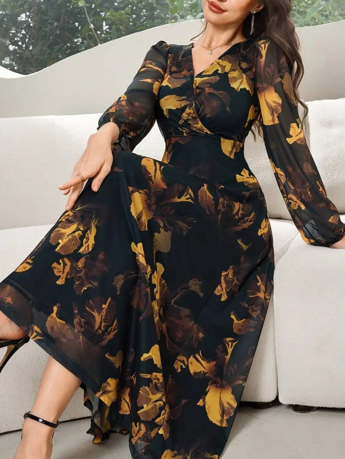 Nautiful Women A-line Black, Yellow Maxi/Full Length Dress